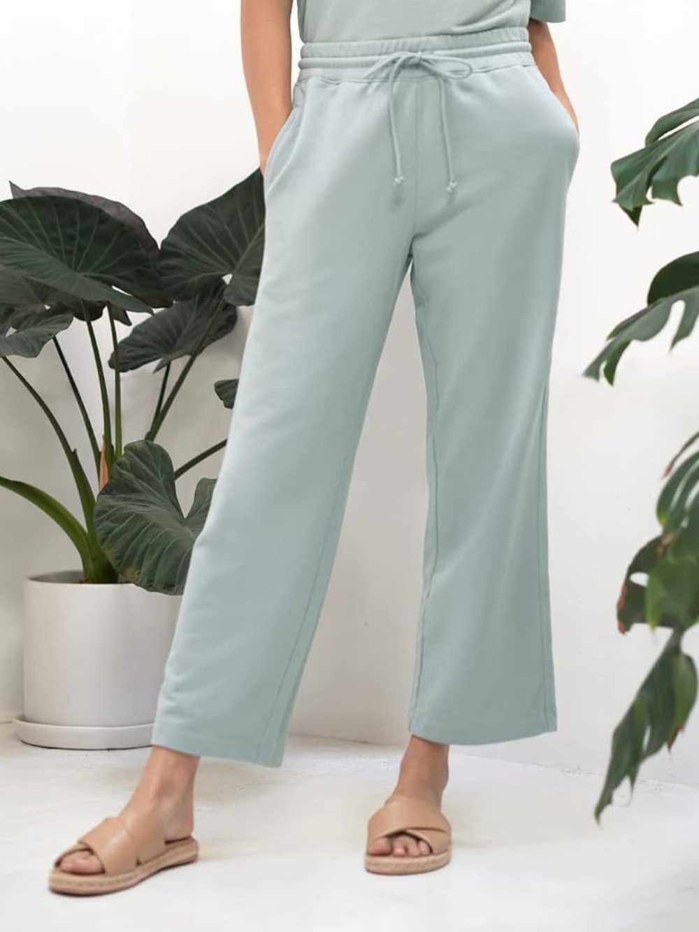 Vince Wide Leg Crop Drawstring  Peruvian Cotton Fleece Pants Pale Blue Size XL